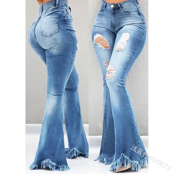 MQTIME  - Women Ripped Vintage Fashion All-match Slim Pants  Ladies Denim Flare Jeans Denim Skinny Female Wide Leg Hole Trousers Pop